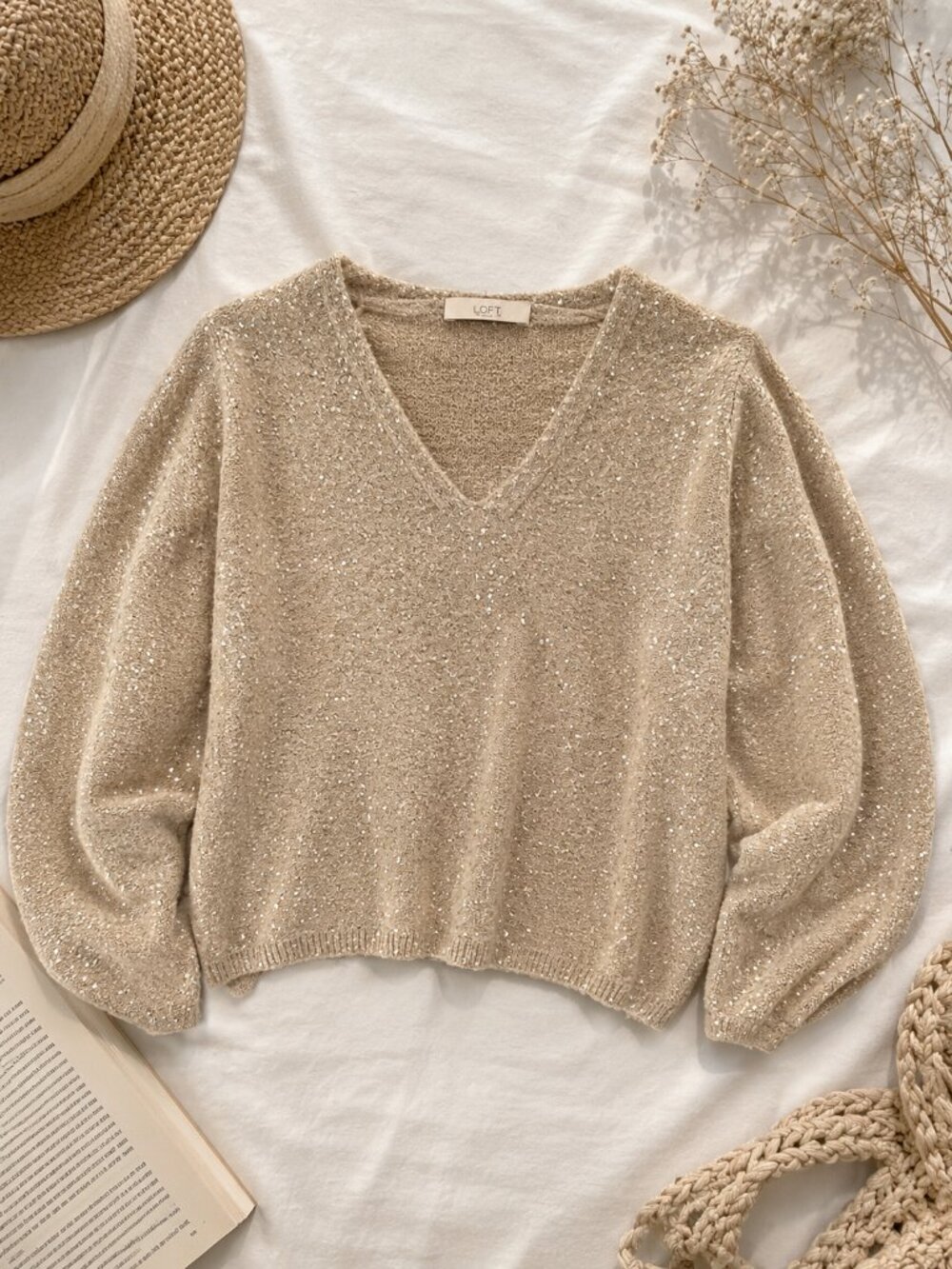 LOFT Champagne Sequin Knit Sweater Balloon Sleeve Cozy Sparkle Pullover Medium